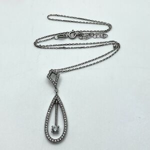 VTG Sterling Silver & White CZ Tear Drop Pear & Diamond Shape Pendant 18” & 1.1”